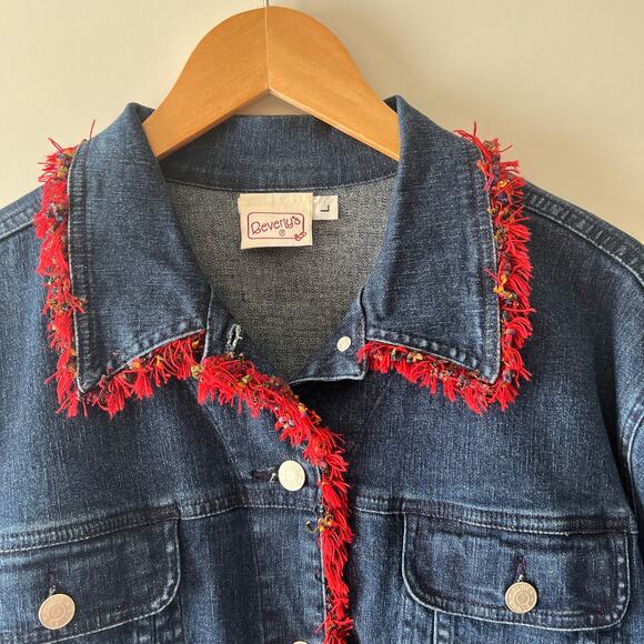 Vintage 90s Beverly's Red Fringe Denim Jacket Size Large - Picture 5 of 5